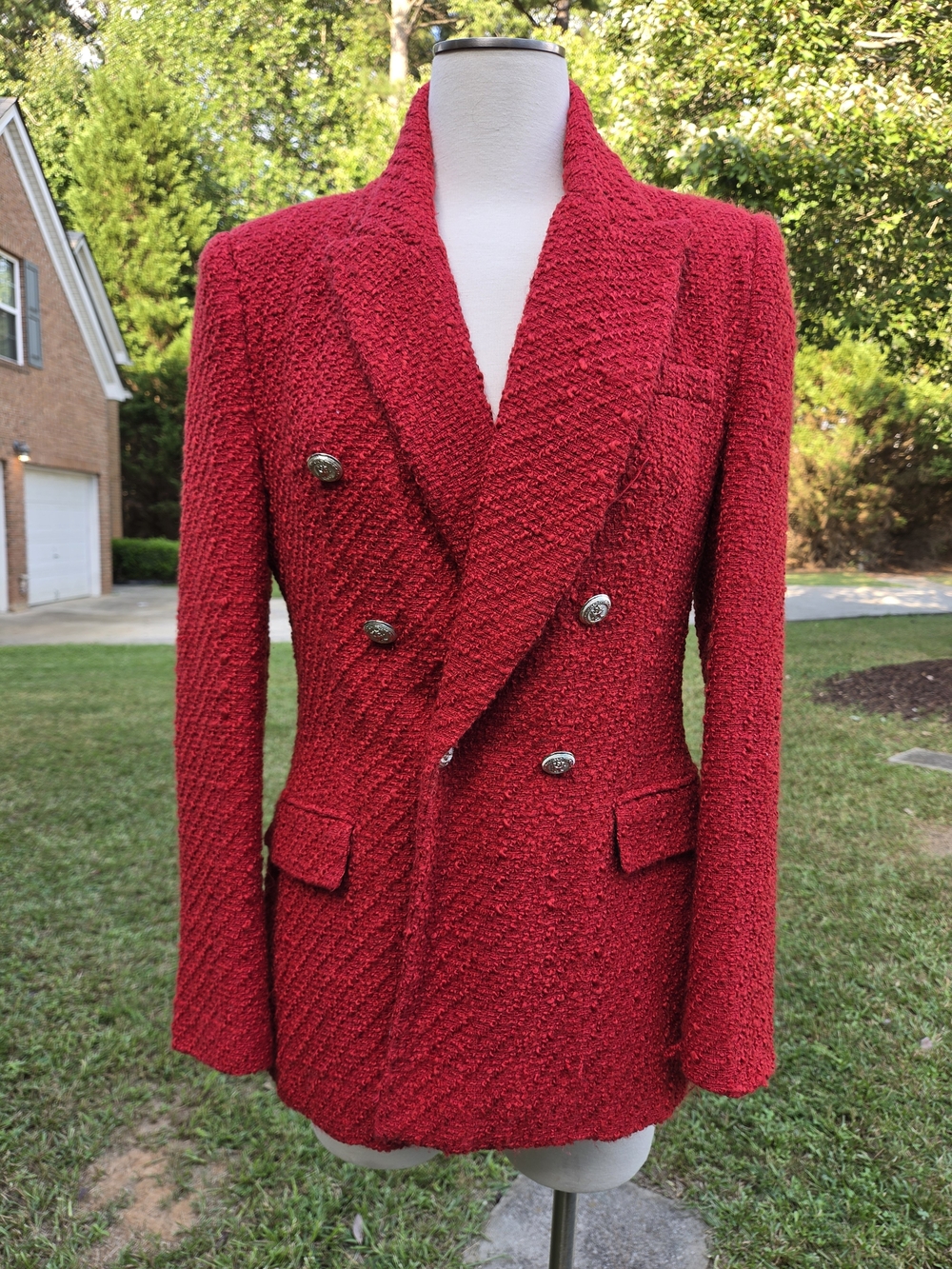 Zara Red Double-Breasted Bouclé Blazer with Metal Buttons
